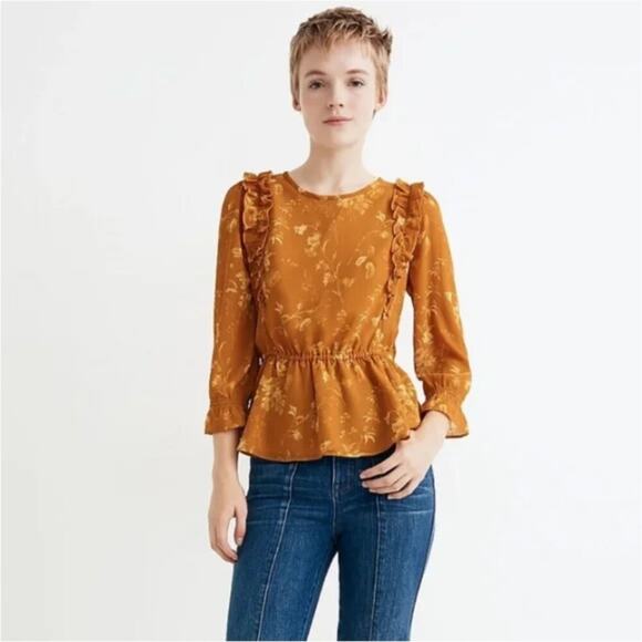 Madewell Ruffle-Shoulder Peplum Top in Tonal Botanical - Picture 1 of 8